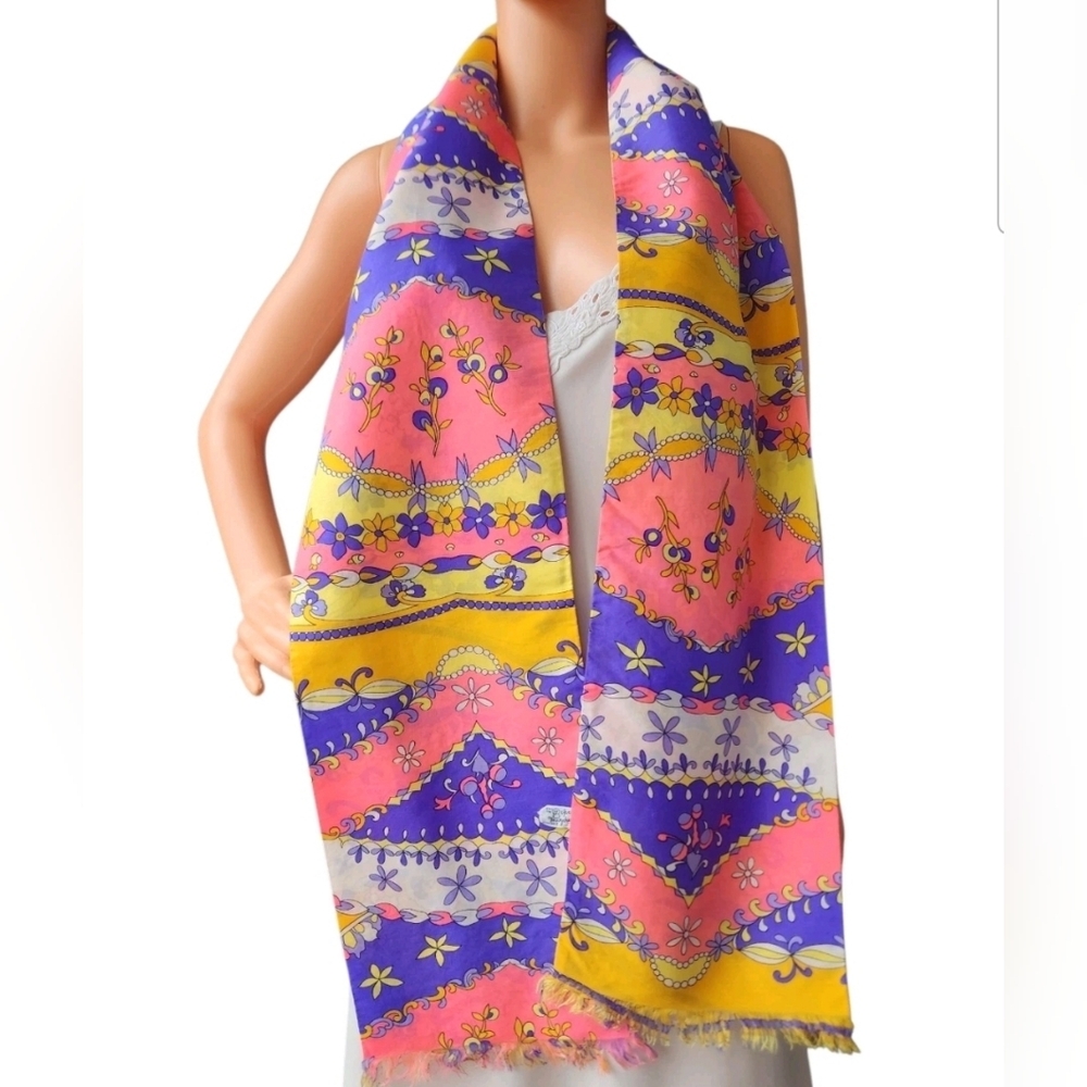 Vintage Symphony Scarfs Silk Stole Long Multicolor Floral Graphic Fringe 8"x70"